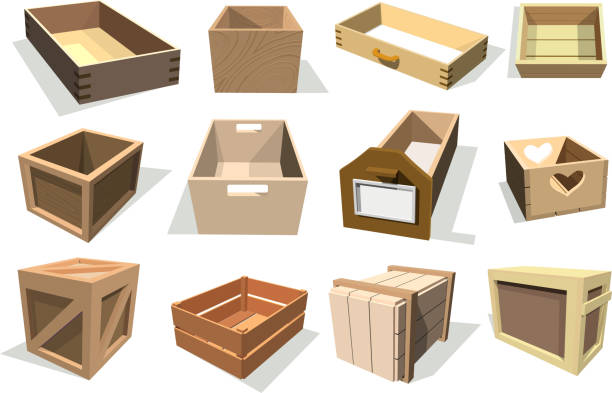 Box package vector wooden empty drawers and packed boxes or packaging crates with wood crated containers for delivery or shipping set illustration isolated on white background Box package vector wooden empty drawers and packed boxes or packaging parcels with wood containers for delivery set illustration isolated on white background. wood box stock illustrations