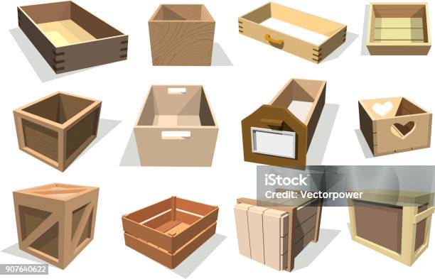 Box Package Vector Wooden Empty Drawers And Packed Boxes Or Packaging Crates With Wood Crated Containers For Delivery Or Shipping Set Illustration Isolated On White Background Stock Illustration - Download Image Now