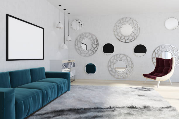 istock Mirror living room, blue sofa, armchair 907640834