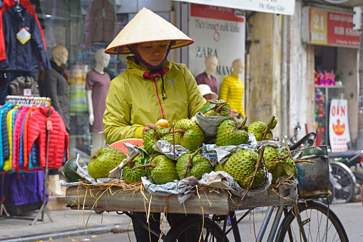 Hanoi, Vietnam - December 13th 2017. A street seller sells durian fruit from her bike in the historic old quarter of Hanoi