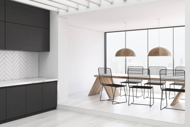 istock White wooden kitchen and a dining room, gray 907648466