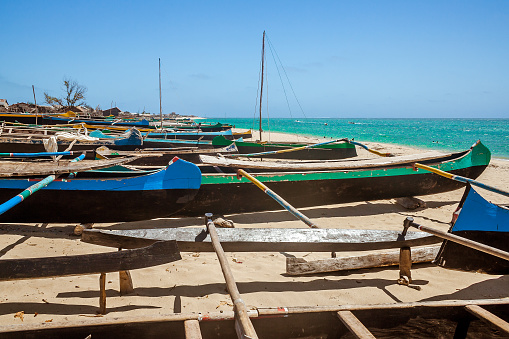Traditional fishing dugout canoes beached to Anakao, southern Madagascar