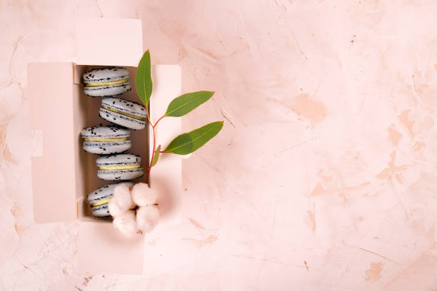 french blueberry macarons dessert buiscits on wooden white pink textured background - close up cookie gourmet food imagens e fotografias de stock