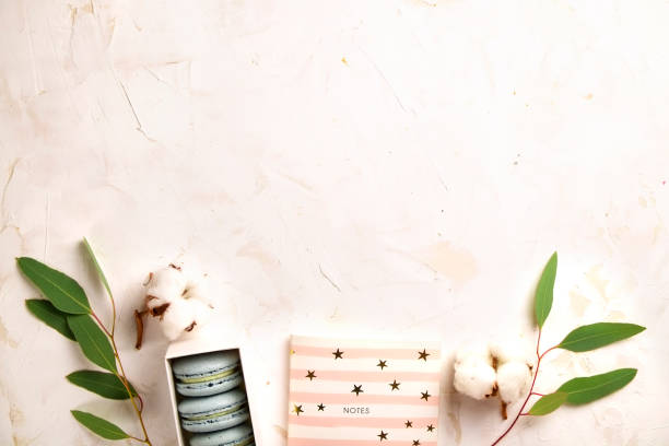 french blueberry macarons dessert buiscits on wooden white pink textured background - close up cookie gourmet food imagens e fotografias de stock