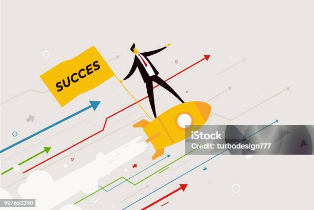 Businessman Is Flying On A Rocket Looking To The Future Stock Illustration - Download Image Now