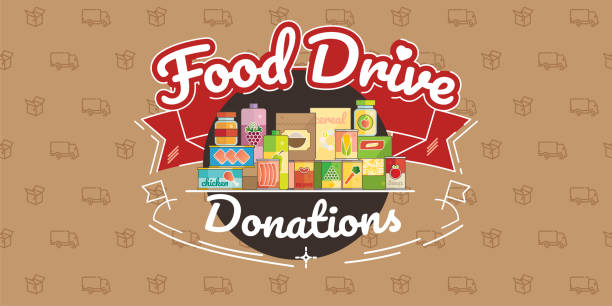 Food Drive charity movement, vector illustration Food Drive non perishable food charity movement, vector badge logo illustration canned food stock illustrations