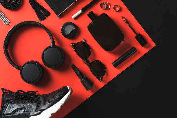istock Black on red flat lay women's fashion items 907654064