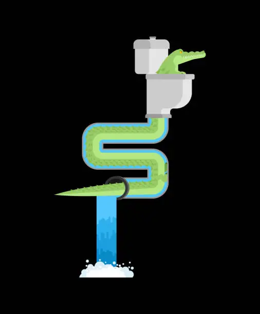 Vector illustration of Crocodile in sewer. Alligator in sewerage pipe. Predator animal. City legend. Toilet and Water Supply and Sewerage System. Vector illustration