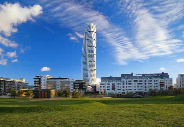 Malmo, Sweden - November 6, 2010: Turning Torso, a neo-futurist residential skyscraper at sunset. The building with height of 190m was designed by Spanish architect and sculptor Santiago Calatrava and opened on August 27, 2005. This is the tallest building in Sweden and Scandinavia.