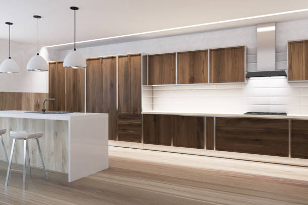 istock Side, white tile and wooden kitchen interior, bar 907662122