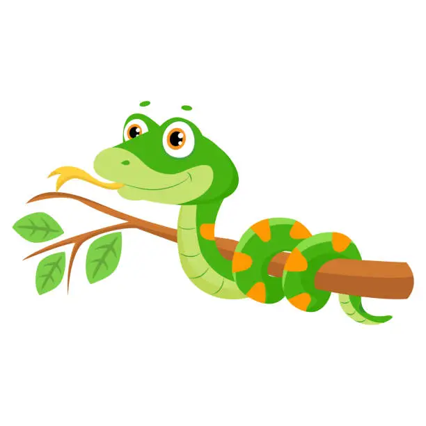 Vector illustration of Vector Illustration Of Cute Green Smiles Snake On Branch.