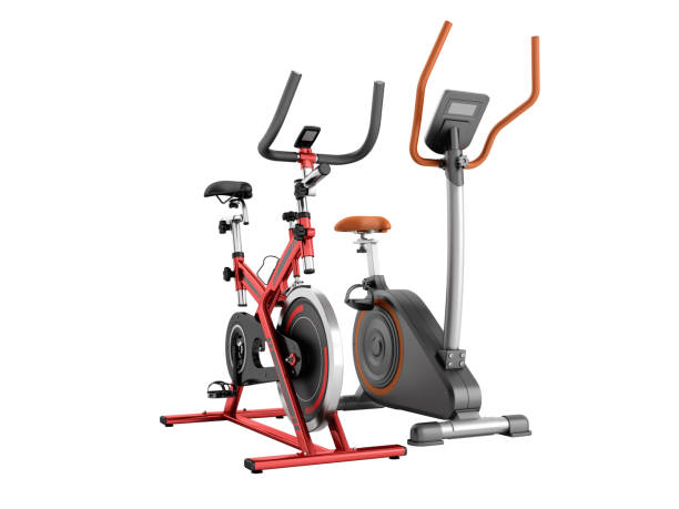 istock Two modern sport exercise bike yellow purple 3d render on white background no shadow 907670840