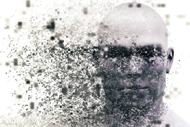 istock Man face with pixel dispersion effect. Concept of technology, modern science but also disintegration 907671068