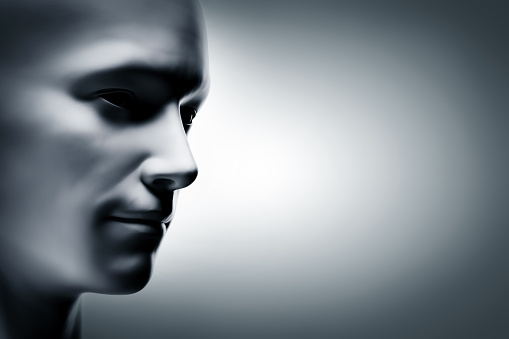 Generic human man face, profile side. Futuristic mood, concepts of virtual reality etc. 3D rendering