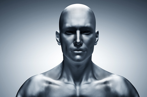 Generic human man face, front view. Futuristic mood, concepts of virtual reality etc. 3D rendering