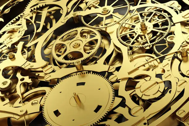 Gold mechanism, clockwork with working gears. Close-up, detailed. 3D rendering