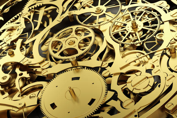 mecanismo de ouro, um relógio, com engrenagens de trabalho. - clockworks machine part gear clock - fotografias e filmes do acervo