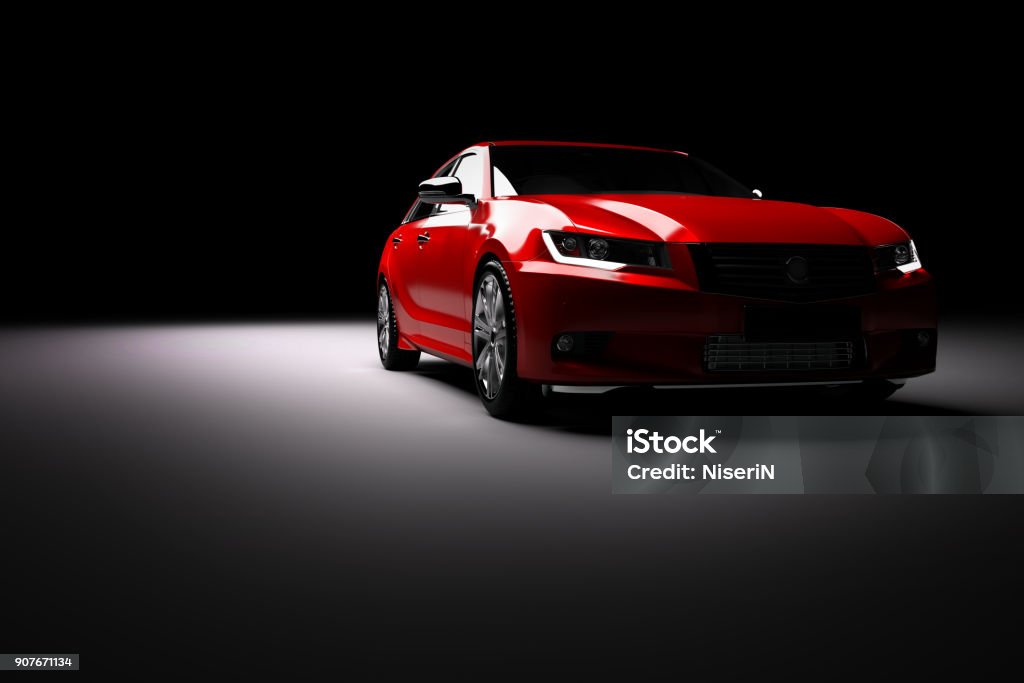 New red metallic sedan car in spotlight. Modern desing, brandless. Modern new red metallic sedan car in spotlight. Generic contemporary desing, brandless. 3D rendering. Car Stock Photo