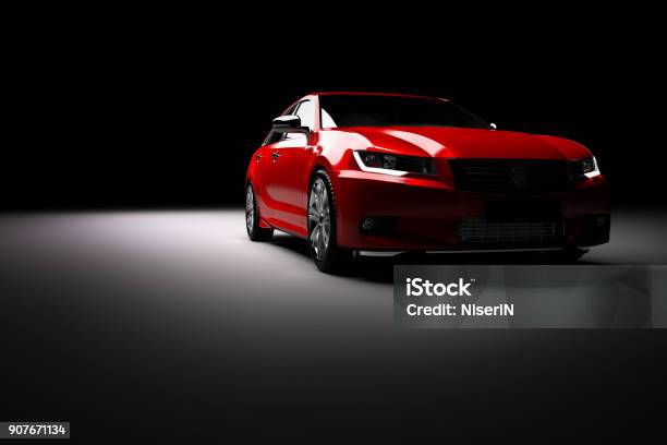 New Red Metallic Sedan Car In Spotlight Modern Desing Brandless Stock Photo - Download Image Now