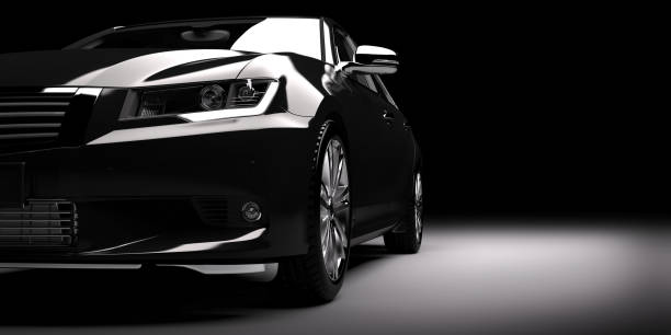 auto sedán negro metálico nuevo en centro de atención. moderno diseño, brandless. - coche fotografías e imágenes de stock