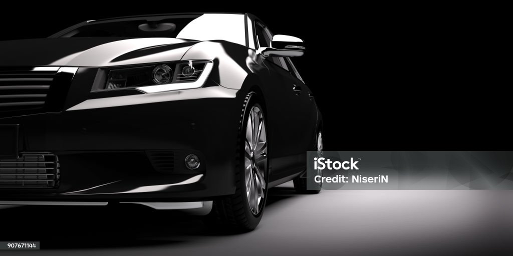 新的黑色金屬轎車在聚光燈下。現代設計, brandless。 - 免版稅汽車圖庫照片
