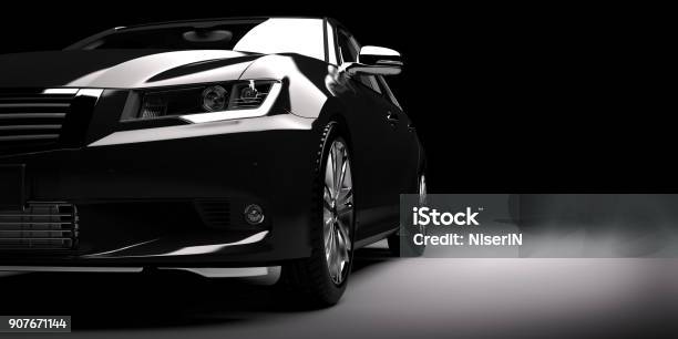 新的黑色金屬轎車在聚光燈下現代設計 Brandless 照片檔及更多 汽車 照片 - 汽車, 奢侈, 新的