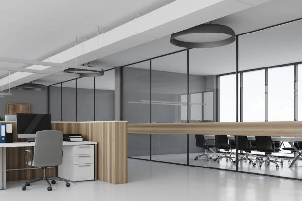 istock White office corner wooden desks concrete 907677208