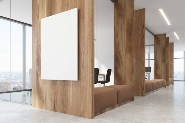 istock Dark wooden office waiting area, conference room 907677378