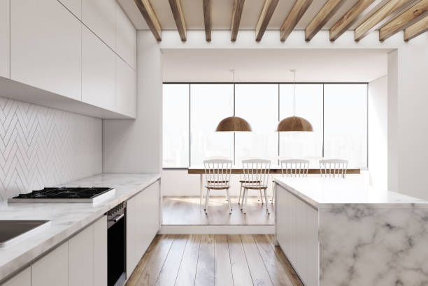 istock White wooden kitchen, marble bar 907680000