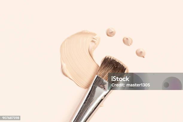 Cosmetic Foundation Cream And Powder With Brush Stock Photo - Download Image Now - Foundation Make-Up, Make-Up, Paintbrush