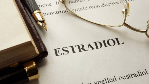 istock Estradiol written on a page. Human hormones. 907698760