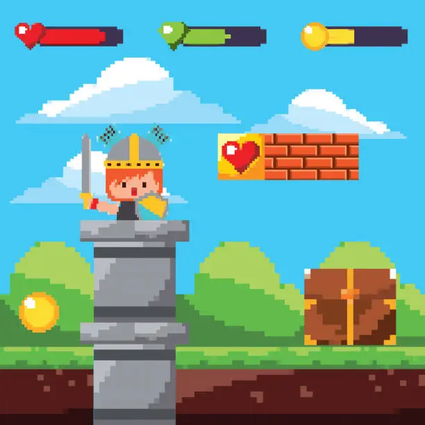 Vector illustration of pixel game arcade with warrior treasure landscape