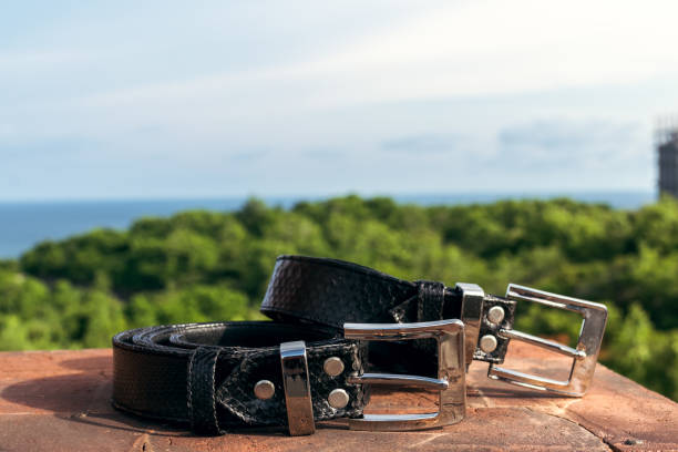 istock Fashion luxury snakeskin leather belts outdoors. Python belts on a tropical background 907699466