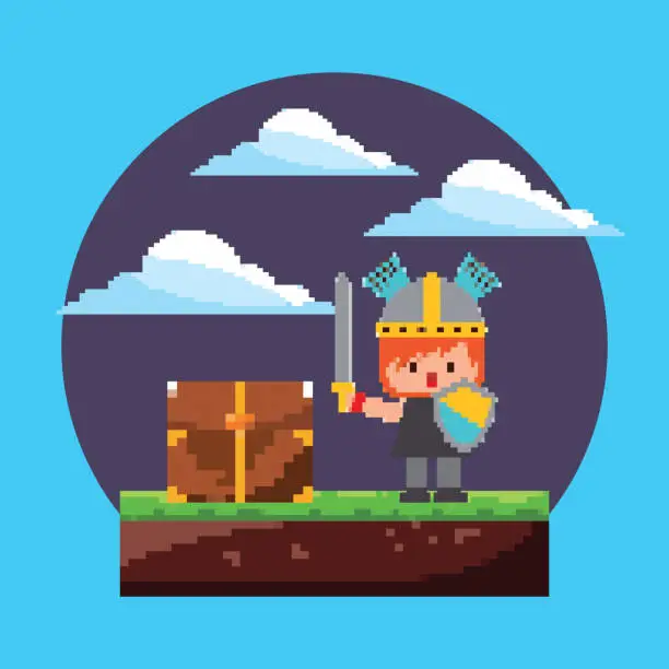 Vector illustration of pixel game arcade level knight character with chest treasure