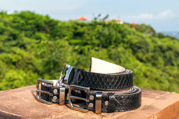 istock Fashion luxury snakeskin leather belts outdoors. Python belts on a tropical background 907729060