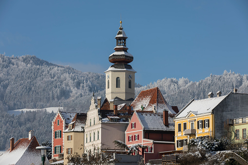 cityscape frohnleiten on the river mur in winter, styria,austria