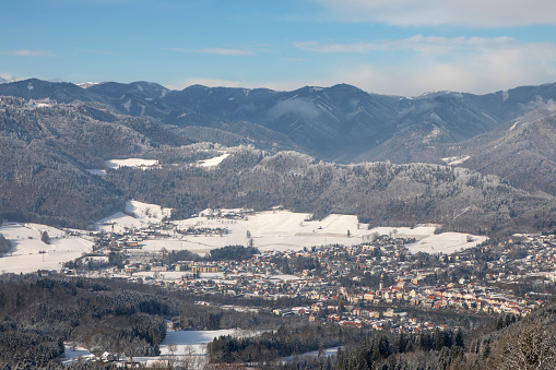 cityscape frohnleiten on the river mur in winter, styria,austria