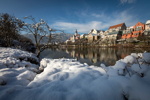 cityscape frohnleiten on the river mur in winter, styria,austria