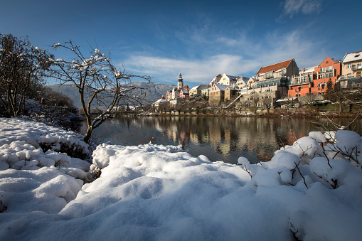 cityscape frohnleiten on the river mur in winter, styria,austria