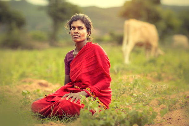 Indian mid age women in red saree on farm field, Tamilnadu, India.