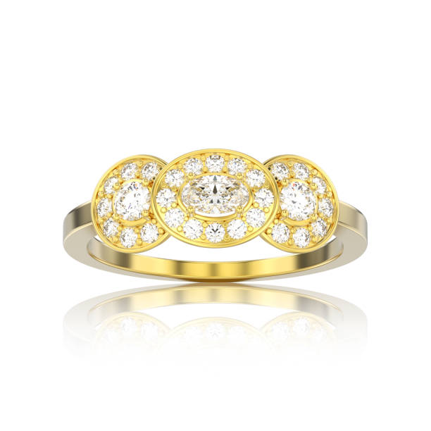 istock 3D illustration isolated yellow gold three stone solitaire engagement ring with reflection 907787252