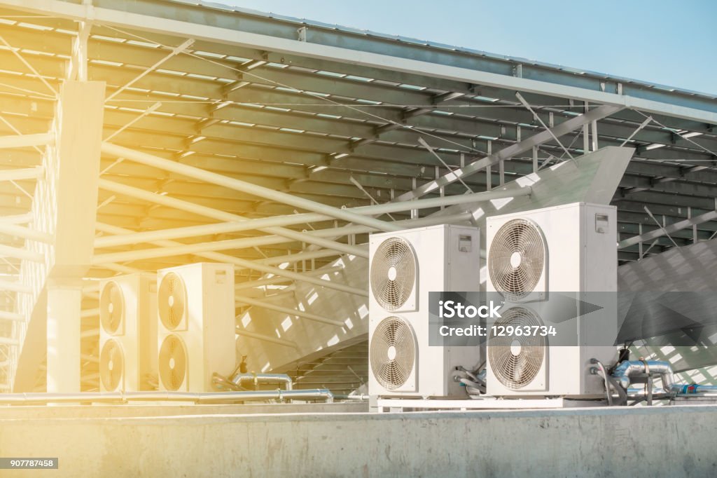 Air conditioning compressor installation outside building, Air conditioning system Air conditioning compressor installation outside building., Air conditioning system. Air Conditioner Stock Photo