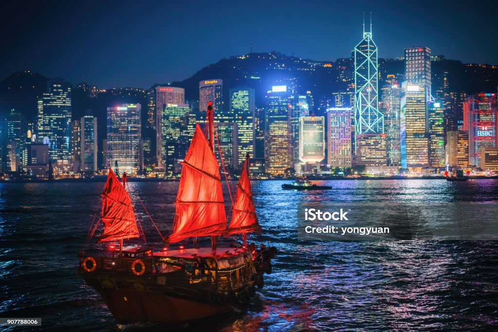 Puerto de Victoria en la noche - Foto de stock de Hong Kong libre de derechos