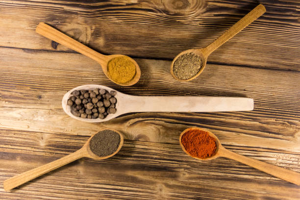 istock Assorted spices in wooden spoons on a table 907816164