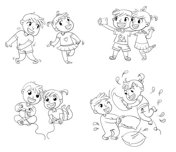 Children spend leisure time fun. Coloring book Children spend leisure time fun. Children to make selfie together with mobile device. Boy and girl playing video games. Dancing to music. Children fight with pillows. Funny cartoon character self portrait stock illustrations