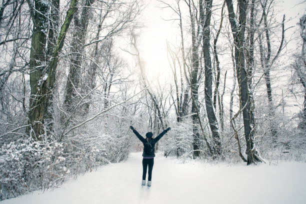 istock Woman Enjoying Snow Covered Forest 907820192