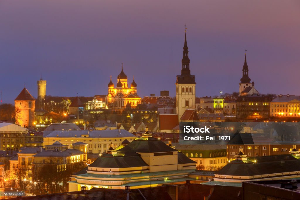 Tallinn. The Alexander Nevsky Cathedral on Toompea Hill. Aerial view of the old town and Toompea hill at night. Tallinn. Estonia. Architecture Stock Photo