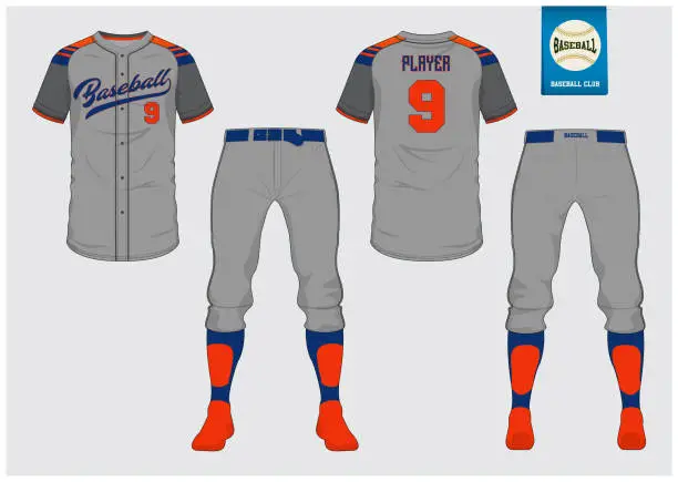 Vector illustration of Baseball jersey, sport uniform, raglan t-shirt sport, short, sock template. Baseball t-shirt mock up. Front and back view baseball uniform. Flat baseball logo on blue label. Vector.