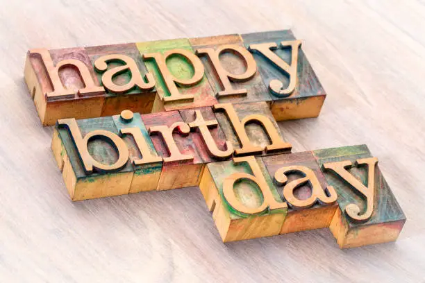 happy birthday word abstract in letterpress wood type printing blocks