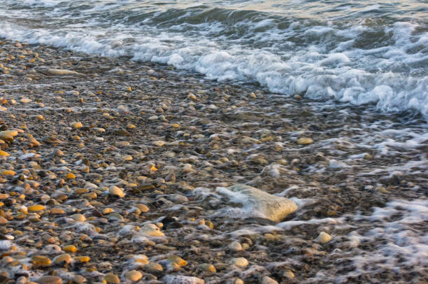 istock sea pebble beach with multicoloured stones, waves with foam 907831688